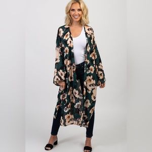 PinkBlush Green Floral Print Chiffon Long Cover Up - Size M
